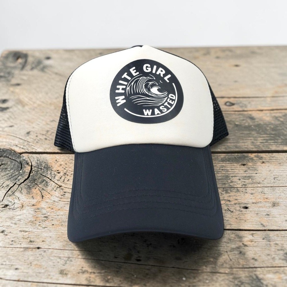 White Girl Wasted Trucker Hat Black White Foam Mesh Snapback Wave Graphic Cap